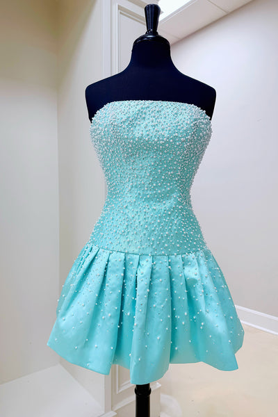Mint A Line Strapless Short Homecoming Dress with Pearls