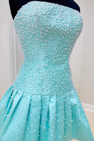 Mint A Line Strapless Short Homecoming Dress with Pearls