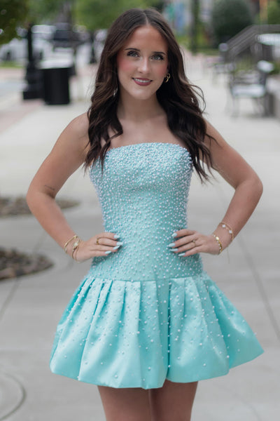 Mint A Line Strapless Short Homecoming Dress with Pearls