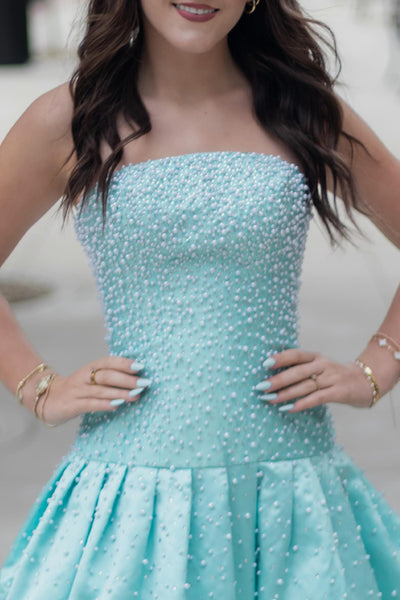 Mint A Line Strapless Short Homecoming Dress with Pearls