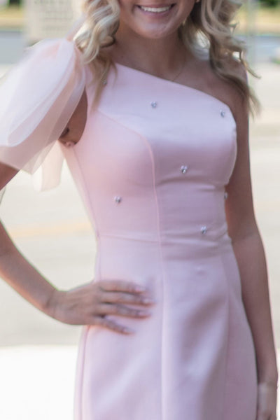 Pink Beaded A Line One Shoulder Short Homecoming Dress with Side Cape
