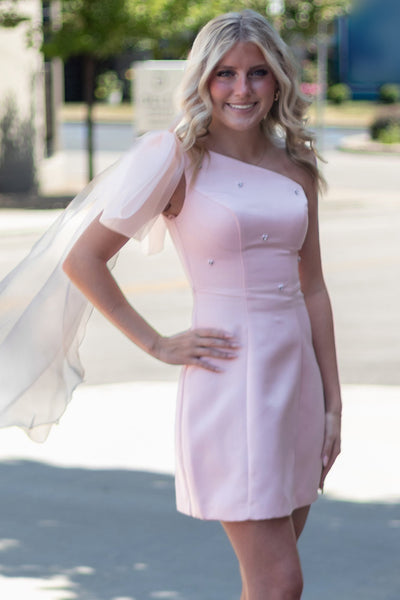 Pink Beaded A Line One Shoulder Short Homecoming Dress with Side Cape