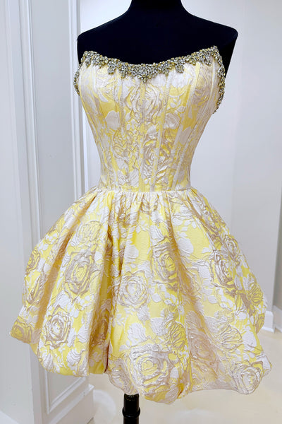Yellow Floral Sparkly Beaded Corset Short Homecoming Dress