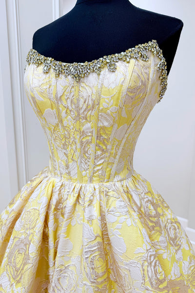 Yellow Floral Sparkly Beaded Corset Short Homecoming Dress