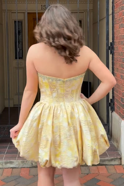 Yellow Floral Sparkly Beaded Corset Short Homecoming Dress