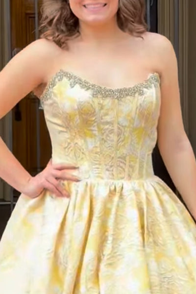 Yellow Floral Sparkly Beaded Corset Short Homecoming Dress