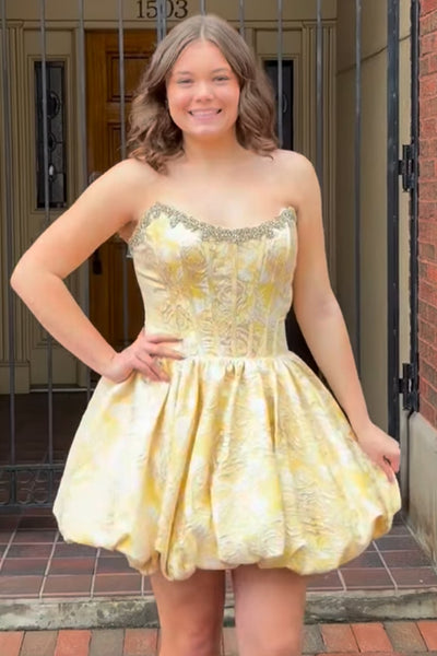 Yellow Floral Sparkly Beaded Corset Short Homecoming Dress