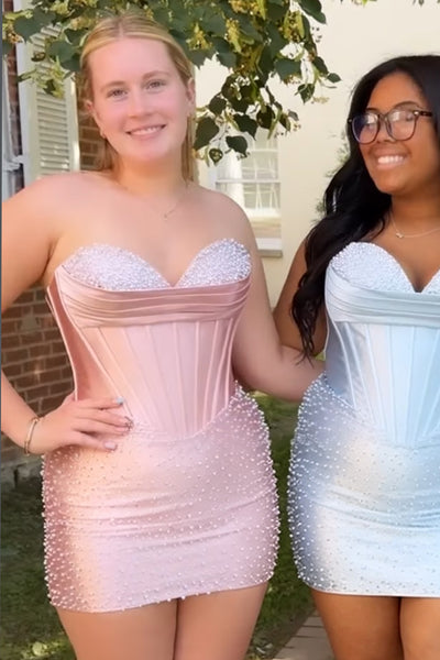 Sparkly Yellow Strapless Tight Short Corset Homecoming Dress with Pearls