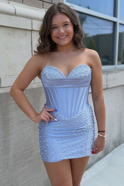 Sparkly Yellow Strapless Tight Short Corset Homecoming Dress with Pearls