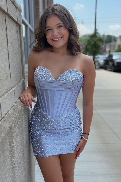 Sparkly Yellow Strapless Tight Short Corset Homecoming Dress with Pearls