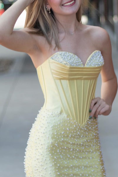 Sparkly Yellow Strapless Tight Short Corset Homecoming Dress with Pearls