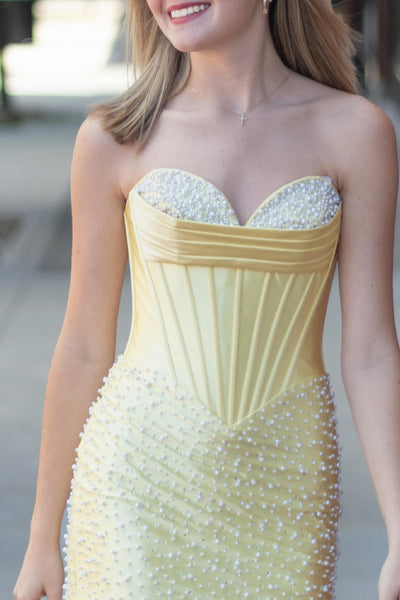 Sparkly Yellow Strapless Tight Short Corset Homecoming Dress with Pearls