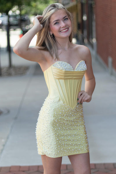 Sparkly Yellow Strapless Tight Short Corset Homecoming Dress with Pearls
