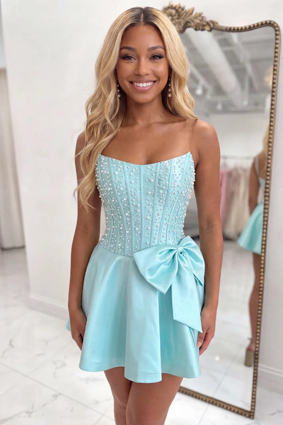 Sparkly Yellow Corset A Line Short Strapless Homecoming Dress with Pearls