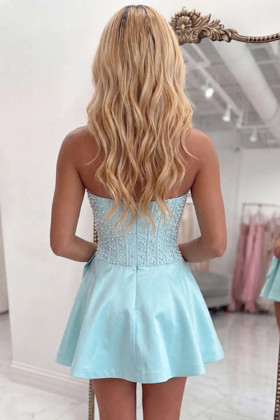 Sparkly Yellow Corset A Line Short Strapless Homecoming Dress with Pearls
