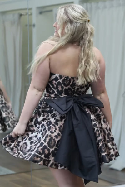 Brown Leopard Strapless A Line Print Short Homecoming Dress with Bow