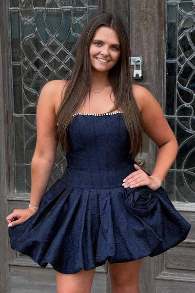 Corset Floral Navy Strapless A Line Beaded Short Homecoming Dress