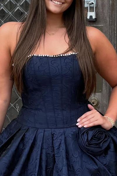 Corset Floral Navy Strapless A Line Beaded Short Homecoming Dress