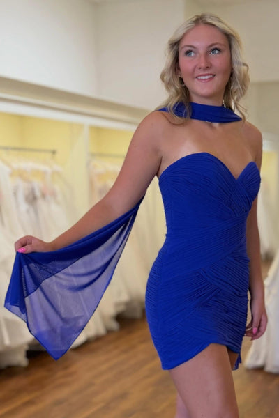 Royal Blue Pleated Tight Strapless Neck Scarf Short Homecoming Dress
