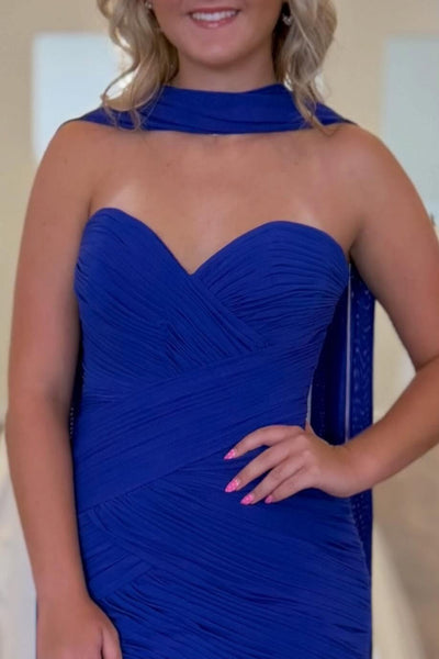 Royal Blue Pleated Tight Strapless Neck Scarf Short Homecoming Dress