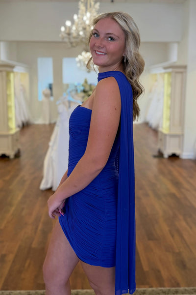 Royal Blue Pleated Tight Strapless Neck Scarf Short Homecoming Dress