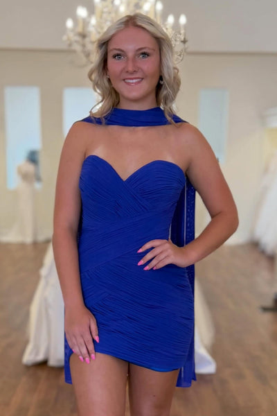 Royal Blue Pleated Tight Strapless Neck Scarf Short Homecoming Dress
