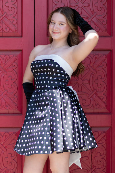 Strapless Black and White Polka Dots Short Homecoming Dress with Bow