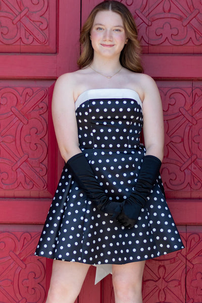 Strapless Black and White Polka Dots Short Homecoming Dress with Bow