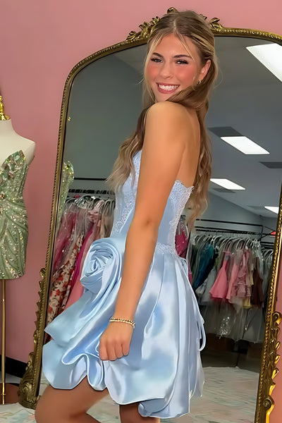 Appliqued Corset Pink Sweetheart Short Bubble Homecoming Dress with 3D Flower