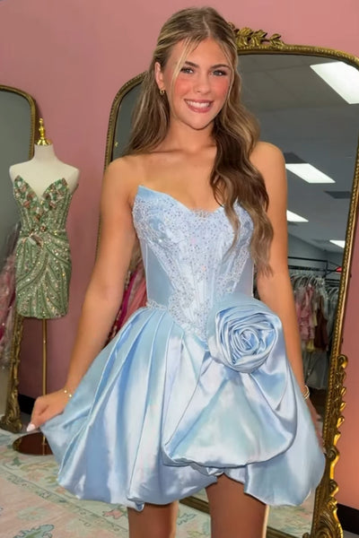 Appliqued Corset Pink Sweetheart Short Bubble Homecoming Dress with 3D Flower