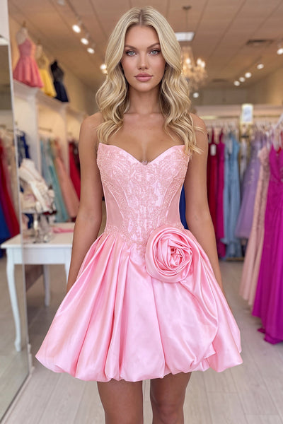 Appliqued Corset Pink Sweetheart Short Bubble Homecoming Dress with 3D Flower