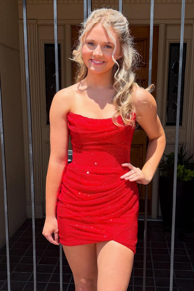 Red Sparkly Strapless Short Tight Homecoming Dress