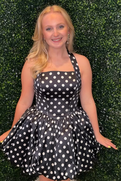 White and Black Halter Polka Dots A Line Short Homecoming Dress