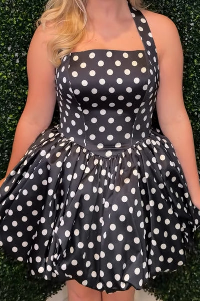 White and Black Halter Polka Dots A Line Short Homecoming Dress