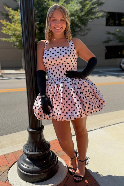 Pink and Black Polka Dots Halter A Line Short Homecoming Dress