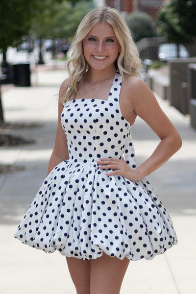 Pink and Black Polka Dots Halter A Line Short Homecoming Dress