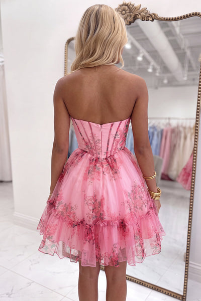 Pink Corset Floral Ruffled A-Line Strapless Short Homecoming Dress