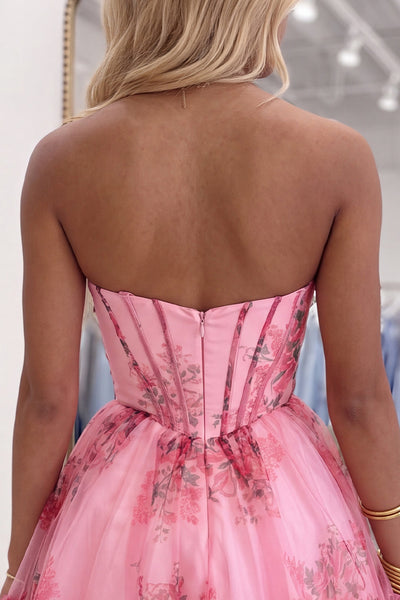 Pink Corset Floral Ruffled A-Line Strapless Short Homecoming Dress