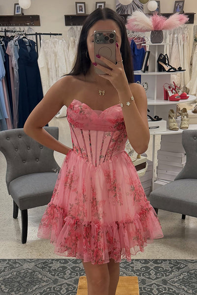 Pink Corset Floral Ruffled A-Line Strapless Short Homecoming Dress