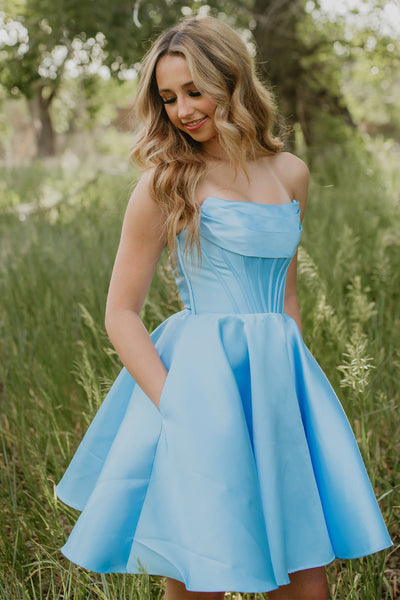 Light Blue Strapless Corset A-Line Short Homecoming Dress with Pockets