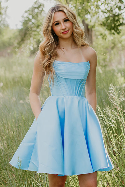Light Blue Strapless Corset A-Line Short Homecoming Dress with Pockets