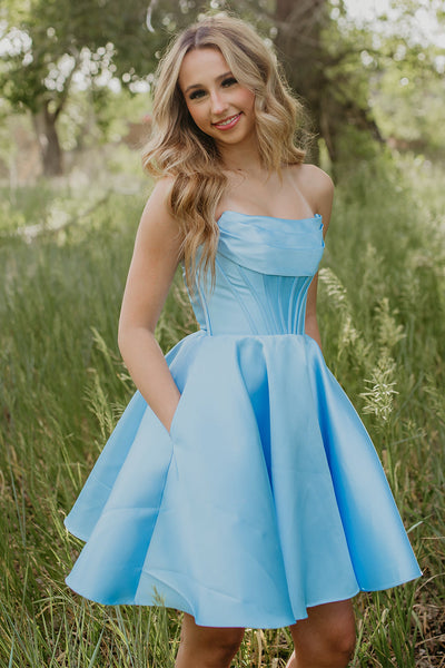 Light Blue Strapless Corset A-Line Short Homecoming Dress with Pockets