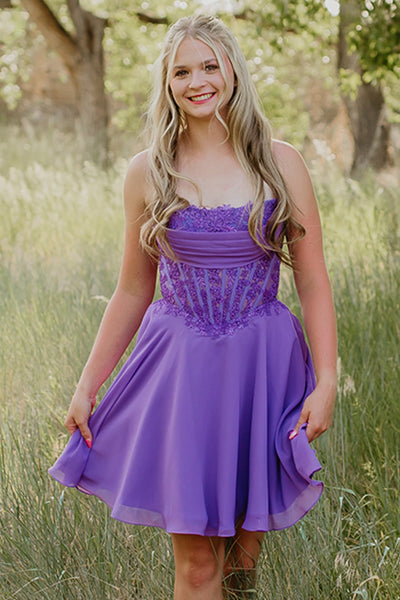 Purple Corset A-Line Strapless Short Homecoming Dress with Lace
