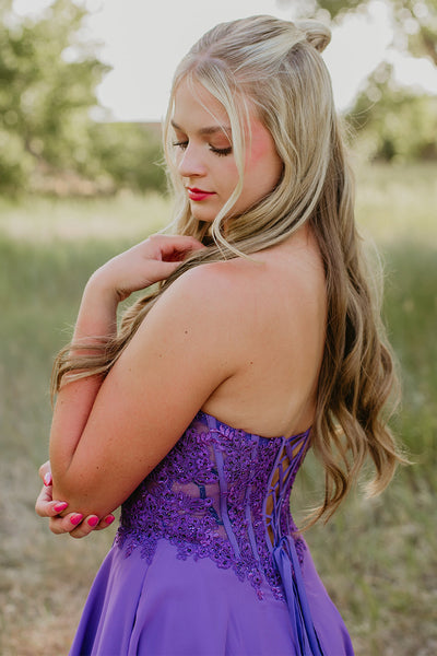 Purple Corset A-Line Strapless Short Homecoming Dress with Lace