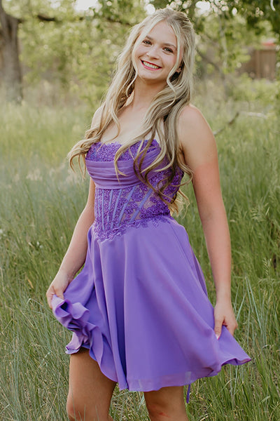 Purple Corset A-Line Strapless Short Homecoming Dress with Lace