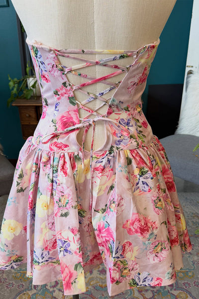 Floral Pink Strapless A-Line Short Homecoming Dress with Bow