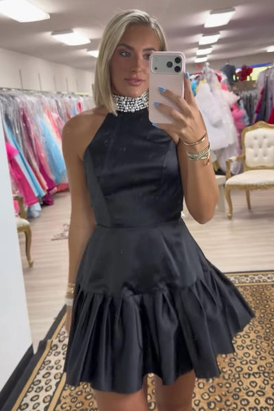 Black Halter Ruffled Short A-Line Homecoming Dress with Pearls