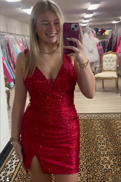 Purple Sparkly V-Neck Short Tight Beaded Homecoming Dress with Slit