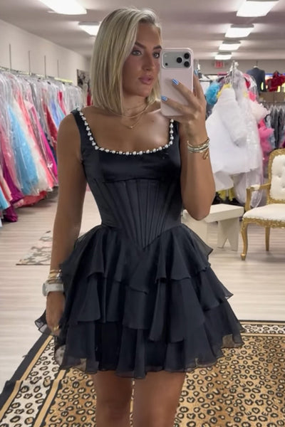 Black Corset Short Ruffled Homecoming Dress with Pearls