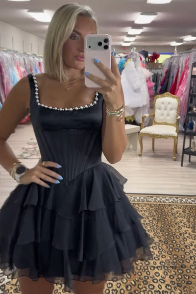 Black Corset Short Ruffled Homecoming Dress with Pearls